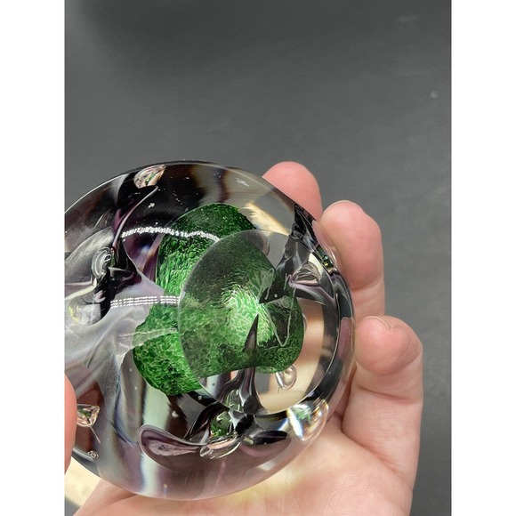 Adam Jablonski Paperweight Purple Flower Hand Blown Controlled Bubble Art Glass - Picture 6 of 7